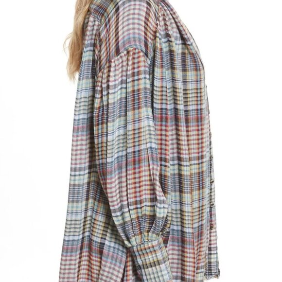 FREE PEOPLE Come On Over Plaid Flannel Oversized Hi-Low Top Raw Hem - Picture 3 of 13